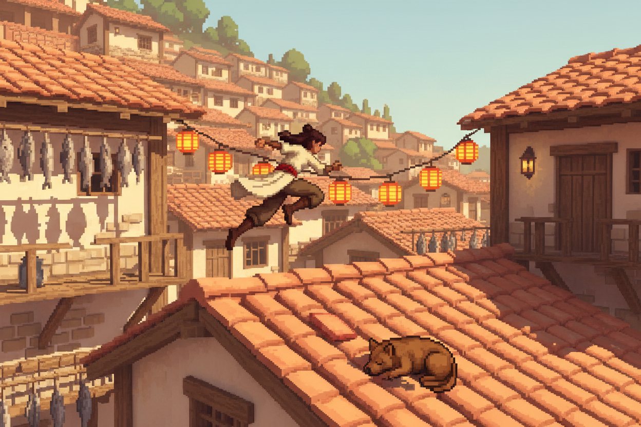 Pawla, a girl in a cat mask, leaps between sunlit clay rooftops strung with paper lanterns while a stray dog sleeps below